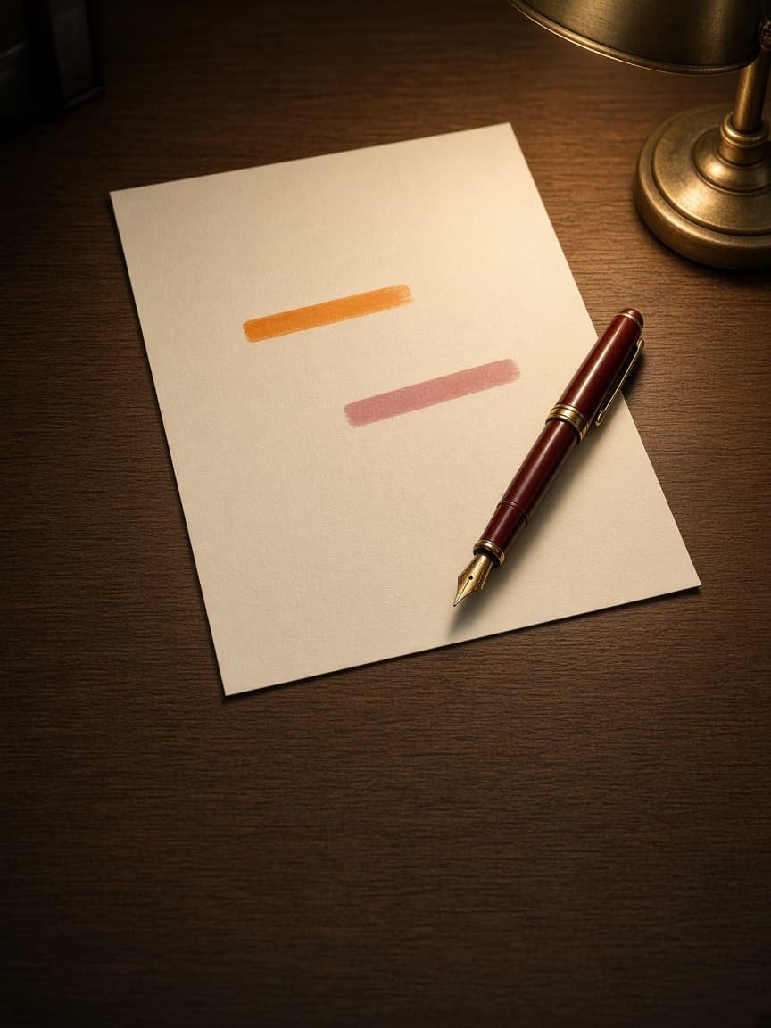 Lamp-lit cream exam paper on a wooden desk, with an oxblood fountain pen and highlighter marks
