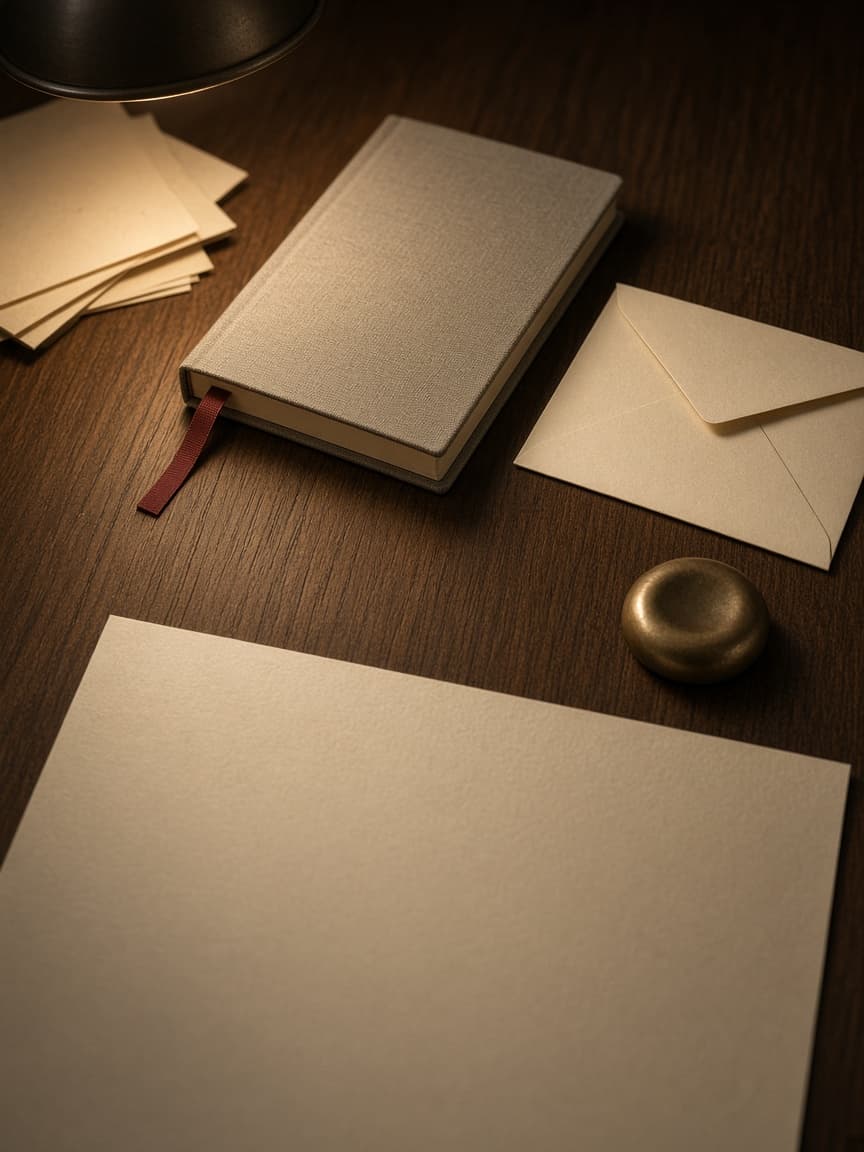 Cloth-bound notebook, cream envelope, and oxblood ribbon on a lamp-lit study desk